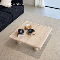 Table basse carrée en travertin naturel Wabi Sabi avec pieds ronds en pierre massif, meubles d'intérieur