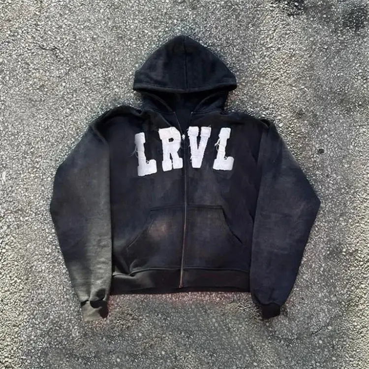 Özel Logo organik pamuk Hip Hop erkek Hoodie üretici antik asit yıkama Vintage tam Zip işlemeli Hoodie