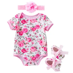 Belle barboteuse pour bébé fille, ensemble de vêtements d'été à imprimé léopard en coton à manches courtes pour bébé, ensemble de bandeaux pour cheveux en pur coton