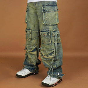 Oem Retro Denim <span class=keywords><strong>Jeans</strong></span> Ksubi <span class=keywords><strong>Jeans</strong></span> Factory Custom Streetwear Straight Loose Fit Verbleekte Vintage Gedragen Multi-Pocket <span class=keywords><strong>Jeans</strong></span> Heren - Product Image 3
