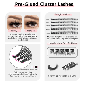 Cils en bande complète pré-collés DIY, cils en grappe, bande transparente autocollante, pas besoin de colle, application par pression - Product Image 3