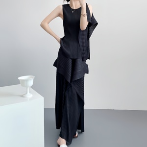 Miyake xếp li phù hợp với hai mảnh đặt Hàn Quốc Châu Âu thời trang thiết kế giản dị không tay thẳng rộng quần nữ hàng đầu màu rắn - Product Image 5