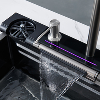 Robinet de cuisine multifonctionnel intelligent en acier inoxydable 304, ensemble de lavabo de cuisine moderne noir en cascade, lumière LED, touches de piano