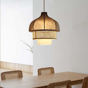 Lustre en rotin E27, luminaire suspendu rond pour salle à manger, style chinois moderne, luminaire d'inspiration Zen - Product Image 4