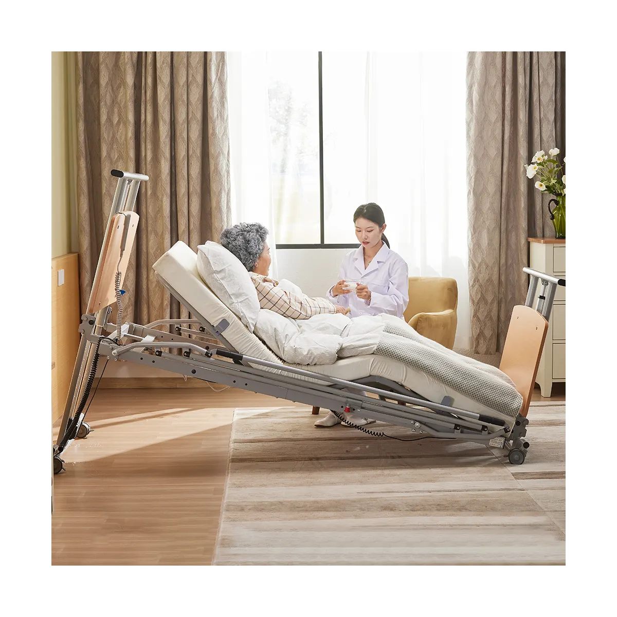 Tecforcare מיטת בית הנקה נמוכה במיוחד 67 מ""מ--640 מ""מ לזקנים טיפול ביתי חשמלי מיטת בית חולים עץ להשכרה פלדה מיטת טיפול ביתית