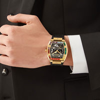 Montre mécanique pour homme Fashion Rainbow Skeleton, étanche, boîtier diamanté, style business, PP Tonneau, bracelet silicone.