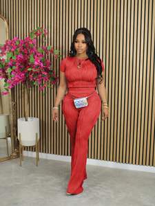 卸売ファッション2025レディースカジュアル2ピースセット通気性半袖トップ & 弾性ウエストロング - Product Image 3