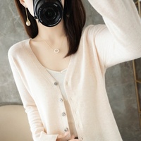 Kardigan Rajut Wanita Lengan Panjang V-Neck Kancing Depan Sweater Mantel Kasual Pakaian Luar Lapisan Atas Fashion Pemasok Grosir