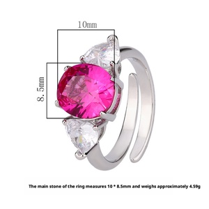 Fashion Jewelry Eco-friendly Copper Oval Cut 9*10mm Rose Red Cubic Zircon Geometric 3 Stone <b>Open</b> Adjustable <b>Rings</b> for Women - Product Image 2