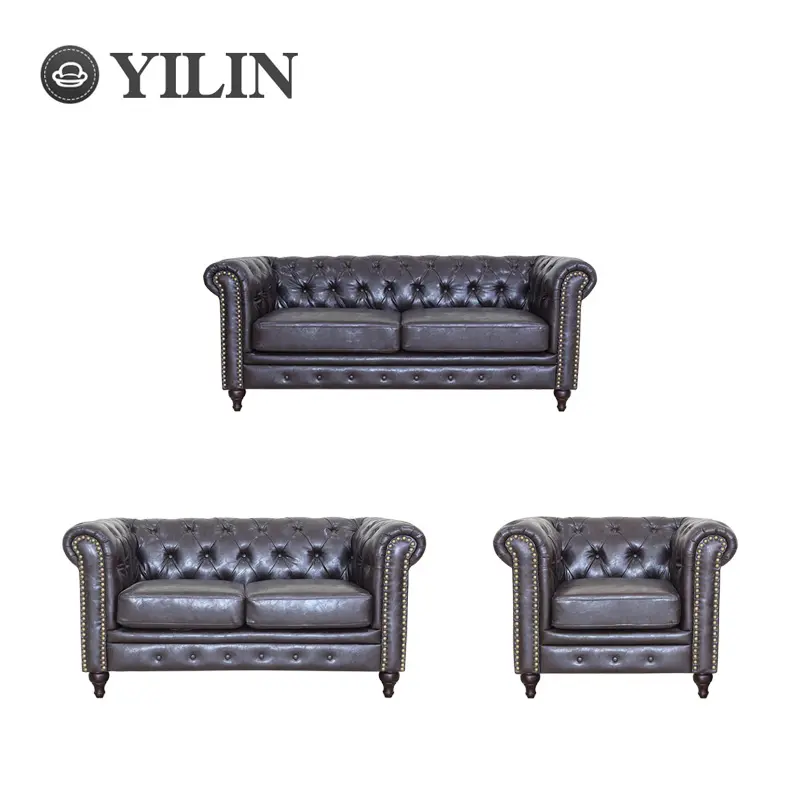 Personalización de lujo sofá conjunto muebles sala de estar sofás botón sofá negro clásico Vintage PU cuero Chesterfield sofá