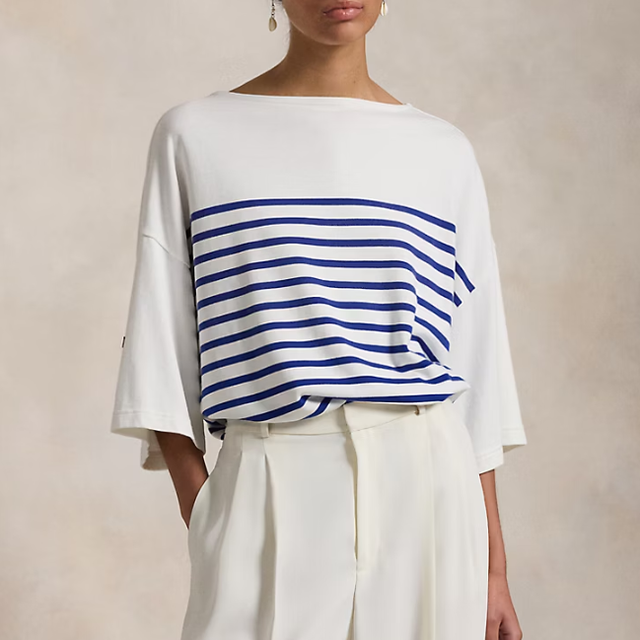 Women's Blue White Striped Boatneck T-Shirt Casual Three-Quarter Sleeves Embroidered Knitted Fabric Breathable Style tshirt women custom