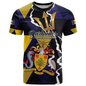 Camiseta personalizada del Día DE LA Emancipación de Barbados, camiseta de lujo con Tridente dorado, camiseta personalizada con emblema nacional de Barbados para hombre - Product Image 1