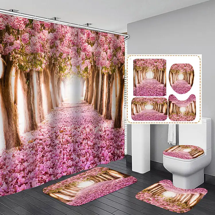 春の桜ピンクの花の風景バスルームセットシャワーカーテンセット4個バスラグ付き
