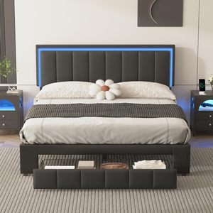 Moderno Versatile pianale imbottito a LED <span class=keywords><strong>letto</strong></span> di stoccaggio Queen Size con cassetto e <span class=keywords><strong>due</strong></span> luci notturne attivate dal movimento - Product Image 1