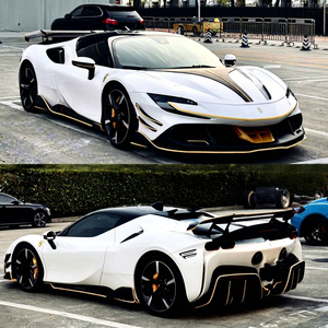 Kit carrosserie en fibre de carbone sèche pour Ferrari SF90, style BF, comprenant lèvre avant, diffuseur, spoiler et jupes latérales en fibre de carbone, et spoiler SF90 - Product Image 2