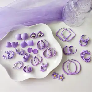 Conjunto de pendientes de corazón coreanos para mujer y niña, aretes de aro de giro, serie púrpura, aretes de gota de corazón de flor, novedad de 2023