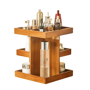 Boîte de rangement cosmétique rotative à 360 degrés en bois à trois niveaux, design simple, support pour rouges à lèvres et soins de la peau, multifonctionnel pour bureau - Product Image 1