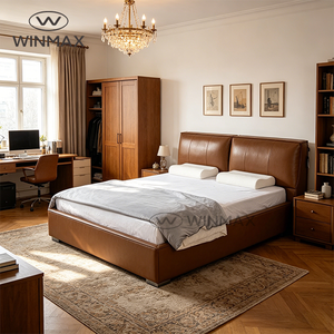 Modern Light Luxury Brown Leather Upholstered Comfortable <strong>Bed</strong> King Size Queen Size Wooden <strong>Pine</strong> Iron <strong>Frame</strong> for Bedroom - Product Image 1