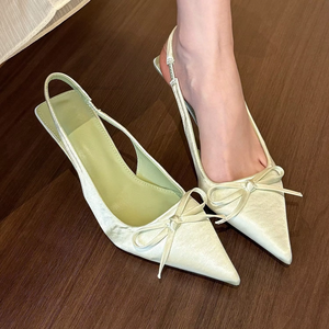 Factory Wholesale Summer New Green Satin Pointy Bow High Heels Women's Shallow Mouth After Empty Sandals <b>Shoes</b> - Product Image 1