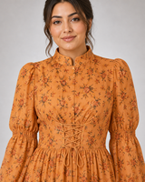 Robe longue musulmane personnalisée en gros à col montant floral, manches ballon et laçage