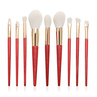 Set Kuas Makeup Vegan & Bebas Kekejaman 9 Pcs Grosir, Gagang Kayu Merah, Ferrule Rose Gold dengan Tas Burlap Custom untuk Hadiah