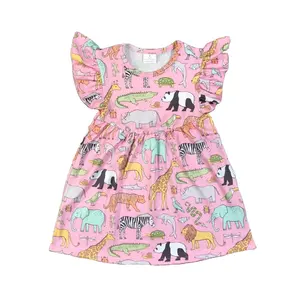 Sunshine OEM pembe hayvanlar baskı kolsuz bebek kız yaz elbisesi Ruffles kollu çocuk elbiseleri çocuk elbise