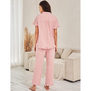 FOXA Womens Striped Pajama Set Cotton Button <b>Down</b> Short Sleeve Top Long <b>Pants</b> 2 Piece Sleepwear Loungewear - Product Image 4