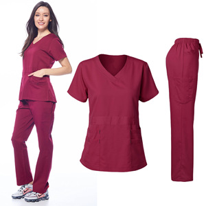 Women <b>Scrub</b> Set Wine Red V-Neck Top And Pants Moisture Wicking Hospital Uniforms For Medical Staff - Product Image 1