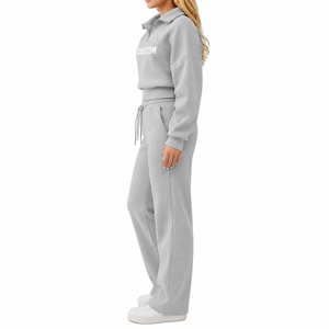 Conjunto Deportivo de 2 Piezas para Mujer, Color Gris, Sudadera Corta con Cierre de Cremallera, Pantalones Anchos con Cordón, Corte Holgado Informal para Todas las Temporadas - Product Image 2