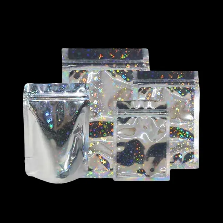 Embalagem ziplock à prova de cheiro, sacos mylar transparentes holográficos de alumínio ziplock reciclado cor prata com impressão personalizada