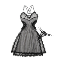 Ensemble de lingerie 2 pièces Deeplove pour femme : Robe babydoll en dentelle et résille transparente avec bretelles croisées et string – Vente en gros OEM