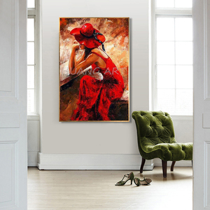 Fabrieksprijs Elegante Dame Portret Schilderij Op Canvas Handgeschilderde Moderne Rode Hoed En Jurk Vrouwen Bij Het Raam Figuur Schilderij - Product Image 4