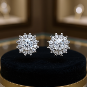 Orecchini a lobo classici in oro bianco con diamante rotondo taglio brillante, design a fiore, per donna, gioielli da sposa, incastonatura a griffe E787 - Product Image 2