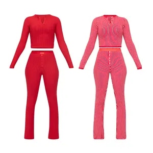 Spring 2024 Women Clothing Custom Basic Lounge Wear 2 Piece Set Women Striped Thermal Crop Top And Flare Pants Two Piece Sets