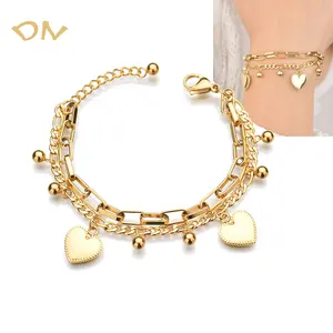 Dina New Personalized Heart Charms Bracelet Stainless Steel Jewelry 18K Gold Plated Link Chain Beaded Bracelets
