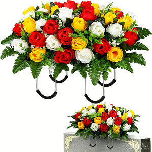 Arreglo Floral Artificial para Cementerio, <span class=keywords><strong>Rosas</strong></span> Rojas, <span class=keywords><strong>Claveles</strong></span> Amarillos, Flores Púrpuras con Hojas <span class=keywords><strong>de</strong></span> Helecho, Decoración Conmemorativa para Exteriores - Product Image 4