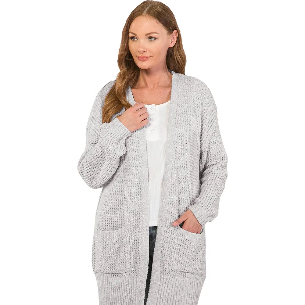 Women's Cozy-Knit Long Sleeves Cardigan - Comfortable Grey Open Front Cardigan Sweater For Women