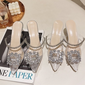 Baotou Women's Half Summer Rhinestone High Heels Sandals Crystal Stiletto Shoes With Cushioning Mesh Sexy Slides Mules - Product Image 5