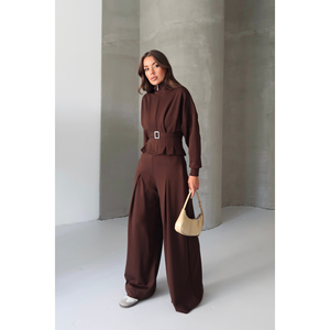 Ensemble en modal marron pour femme, pantalon plissé ample avec chemisier zippé à ceinture - Product Image 6
