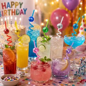 Bachelorette Party Cocktail Supplies Colorful Spiral Reusable With <b>Mirror</b> <b>Plastic</b> Disco Ball Drinking Straws - Product Image 2