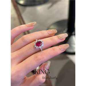 Anillo Ovalado de Plata King con Corindón Rojo en Engaste de Garras, Forma de Flor, Anillo de Compromiso para Mujer - Product Image 3