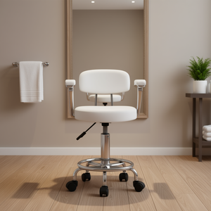 Silla de Salón de Cuero Sintético Blanco, Taburete Giratorio con Altura Ajustable y Reposabrazos, Diseño Contemporáneo para Uso en Salones de Belleza y Spa - Product Image 2