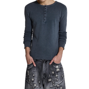 เสื้อเชิ้ตเฮนลีย์ผ้าฝ้ายพรีเมียม 100% สำหรับผู้ชาย แขนยาว ทรงเข้ารูป เนื้อผ้าวาฟเฟิล เสื้อยืดเฮนลีย์แบบหนา เสื้อเชิ้ตเฮนลีย์ชาย - Product Image 3