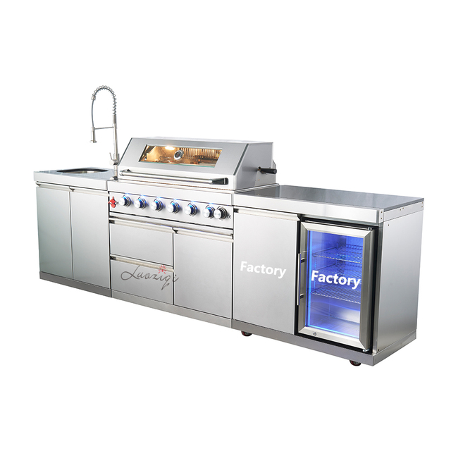Stainless Steel Outdoor Kitchen Cabinet with New Design Powder Coated Finish Includes Propane BBQ Grills and Pizza Oven