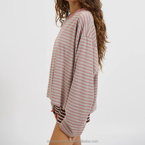 T-<span class=keywords><strong>shirt</strong></span> décontracté surdimensionné à col rond rayé et blocs de couleur pour <span class=keywords><strong>femme</strong></span>, coupe ample, épaules tombantes, style streetwear - Product Image 3