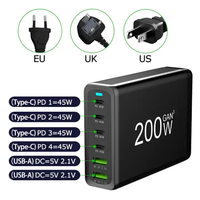 Penjualan Terbaik 200W GaN pengisi daya 6-Port USB C pengisi daya dinding stasiun pengisian cepat untuk iPhone untuk Samsung Xiaomi PD Output 100W 3