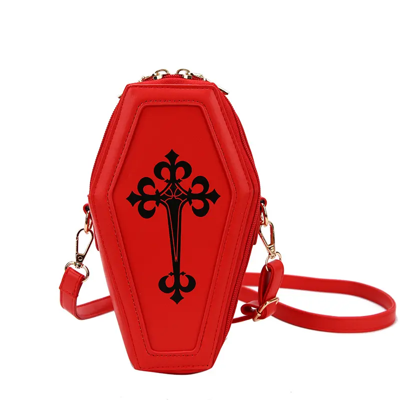 Custom Gothic Coffin Shaped Handbag Vegan Pu Leather Print Bag Goth Cross Body Bag