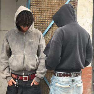 Oversized Weight Acid Wash Hoodies Custom High Quality Hoodie Manufacturers 460 500gsm Cotton Blank Plain <b>Zip</b> <b>Up</b> <b>Jackets</b> For Men - Product Image 1