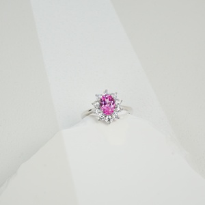 925 Sterling Silver Oval Cut Lab Pink Sapphire Halo <b>Ring</b> with <b>CZ</b> Accents Women's Engagement Wedding Jewelry - Product Image 3