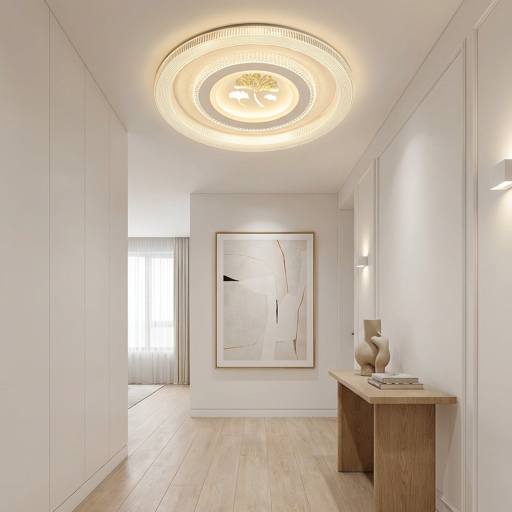 Modern Round Indoor Ceiling Lamp Ginkgo Leaf Art Circular LED Lighting 3-Color Changeable Master Bedroom Study Room Warm Fixture